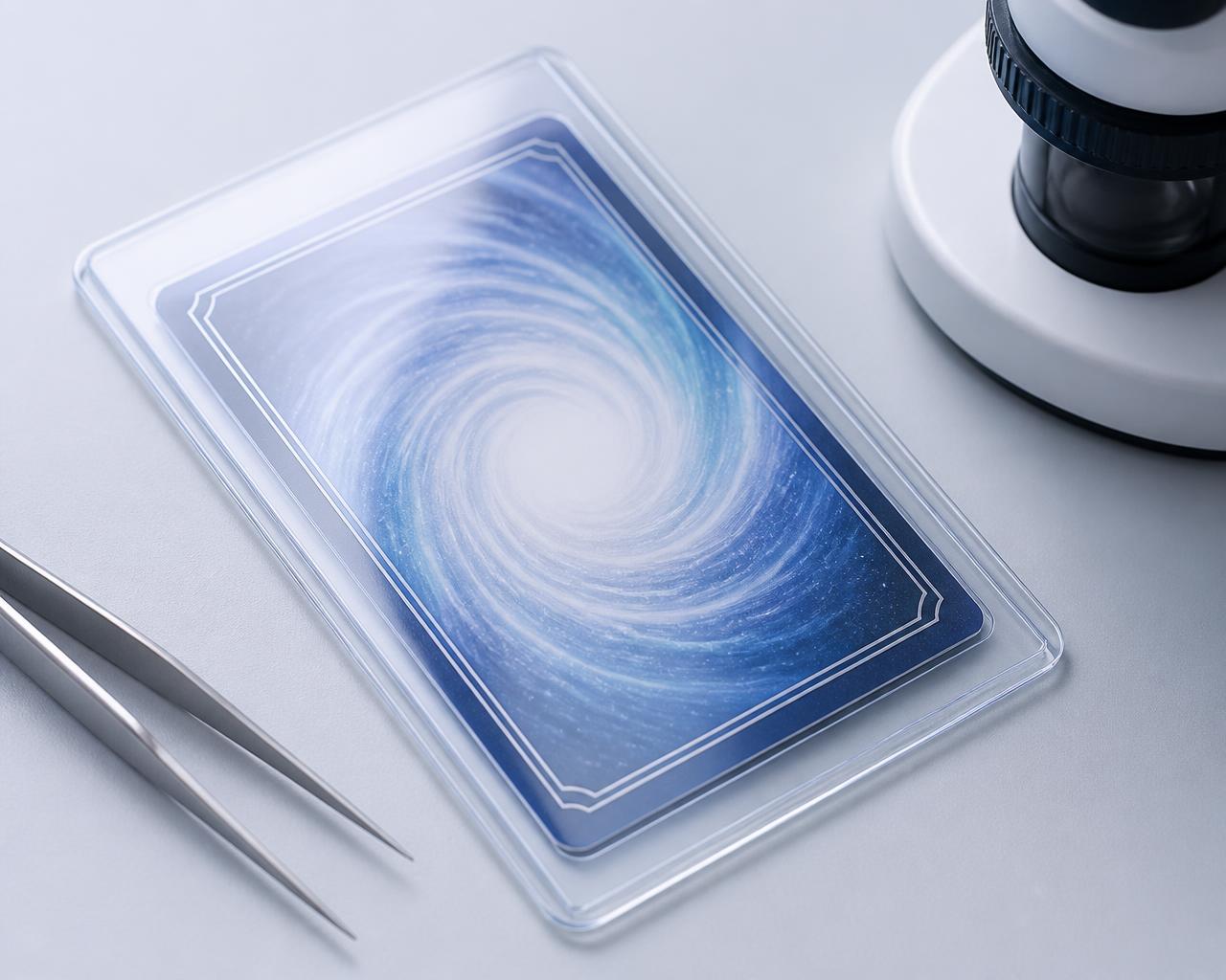 Gereinigde trading card in beschermhoes op een lichtgrijze werktafel naast een loep